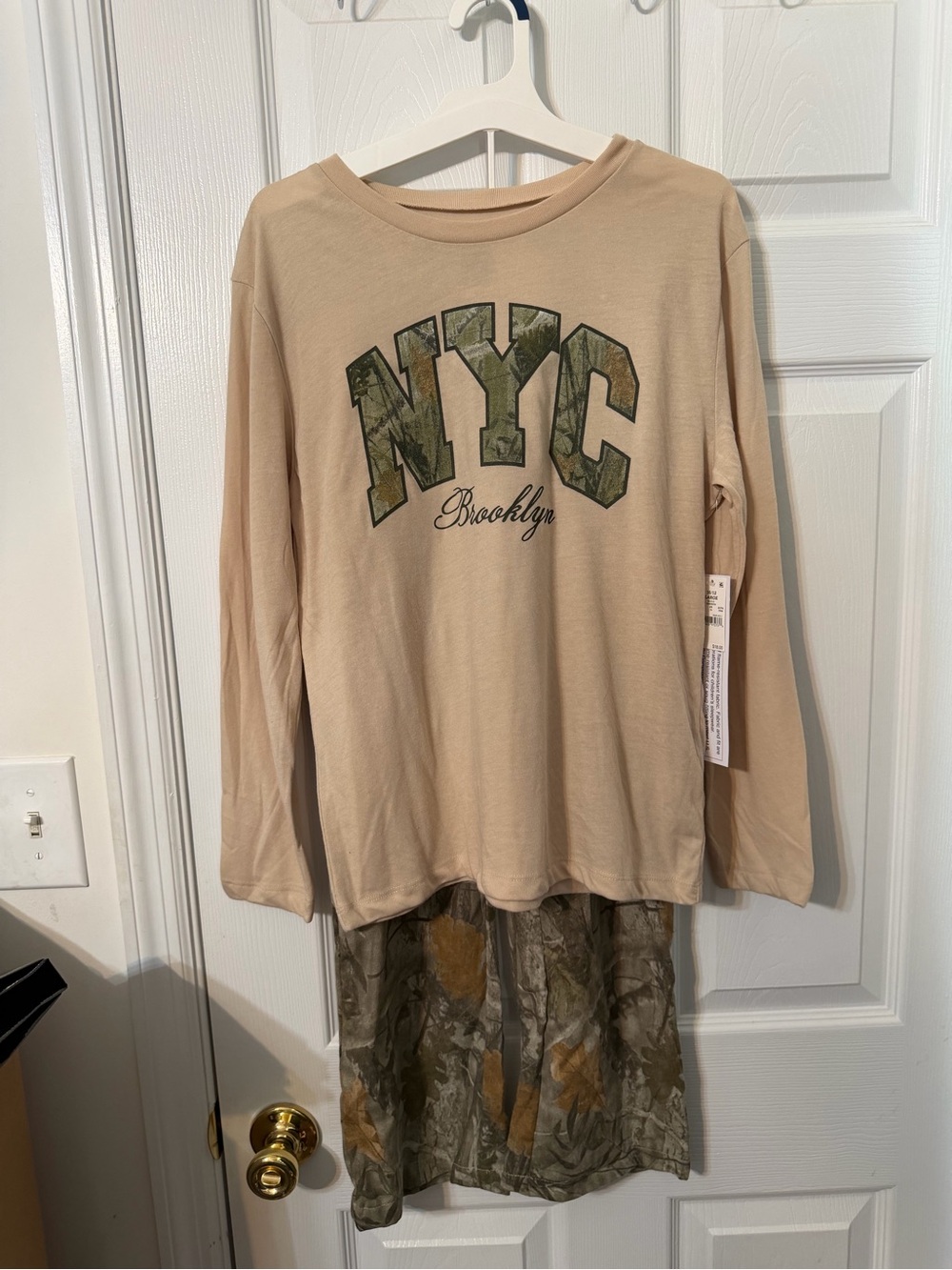 Beige NYC Graphic Kids Pajama Set with Camouflage Print
